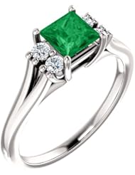 14K White Gold 5.00x5.00mm Princess Cut Chatham Created Emerald and Diamond Ring -- LIFETIME WARRANTY