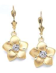 2 Tone 14K Yellow Gold With Rhodium Center Cut Plumeria Flower Earrings