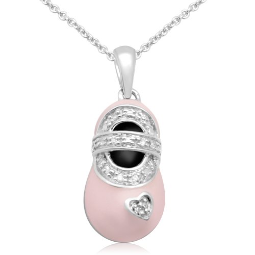 Sterling Silver Enamel Baby Shoe Diamond Pendant (0.01 cttw, I-J Color, I2-I3 Clarity), 18