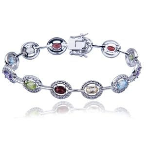 Sterling Silver Oval Multi-Gemstone and Diamond Bracelet 7.25"