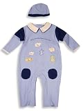 Beyond Basics Kids - Infant Baby Boys Long Sleeved Coverall with Matching Cap, Blue, White