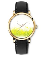 SPRAWL Aanalog Fashion Series Gold Ladies Watches of Genuine Black Leather Strap,Unique Wrist Watch for Women Girls Designed with Garden of yellow flowers