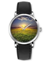 SPRAWL Aanalog Fashion Series Silver Ladies Watches of Genuine Black Leather Strap,Unique Wrist Watch for Women Girls Designed with Country sunset