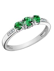 Three Stone Created Emerald Ring with Diamonds 1/2 Carat (ctw) in 10K White Gold