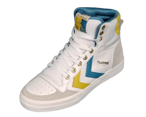 New Women's Stadil Hi Leather White Shoe with Blue and Yellow Accents by Hummel product image