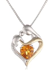 XPY Sterling Silver and 14k Gold Gemstone Heart Mom Pendant Necklace, 18"