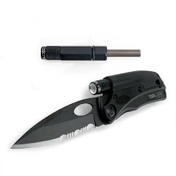 Tool Logic SLPB2 Tactical Folding 1/2 Serrated Knife With LED Flashlight, Magnesium Fire Starter and Signal Whistle, Black
