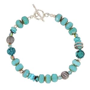 Southwestern Turquoise Gemstone and Czech Glass Beaded Bracelet with Sterling Silver Decorative Beads, 8" Length, #7562