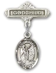 Sterling Silver Baby Badge with St. Fiacre Charm and Godchild Badge Pin