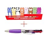 Japanese Animal Sticker Post-it Bookmark Sticky Notes, 30 Sheets × 8 Pads (240 Sheets) and 4 Color Ballpoint Pen 0.7mm Set (Purple)