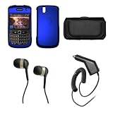 Blackberry Bold 9650 Premium Black Leather Carrying Pouch+Rubberized Blue Snap-on Hard Case Cover+Stereo In-ear Headphones+Rapid Car Charger Combo For Blackberry Bold 9650