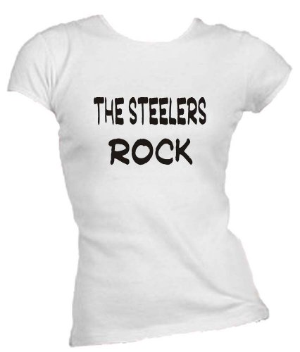 The Steelers Rock Ladies/Juniors FITTED Crew-Neck T-Shirt WHITE LARGE