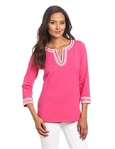 Hot Sale Jones New York Women's 3/4 Sleeve Split Neck Pink Tunic with Embroidery, Azalea Pink, Medium