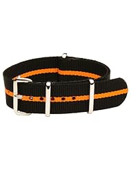 22mm Classic SS Nylon Striped Black / Orange - Easily Interchangeable Replacement Military Watch Strap / Band - Fits All Watches!!!