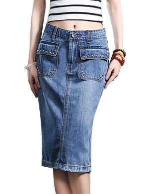 (ALLURE) デニム スカート タイト ペンシル ポケット スリット ひざ丈 ミモレ丈 ブルー AF0510