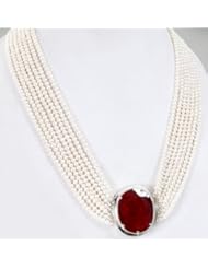 Designer 7 Strands Natural Fresh Water Pearl Beaded Necklace with 925 Sterling Silver Oval Ruby Clasp
