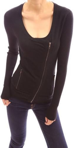 PattyBoutik Biker Style Ribbed Long Sleeve Pockets Zip Front Sweater Jacket