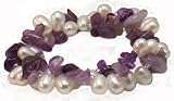 Genuine White Freshwater Pearl & Amethyst Stone Two Strand Stretch Boutique Bracelet Gift Boxed...