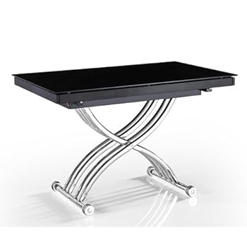 Table basse FORM relevable extensible, plateau en verre noir.