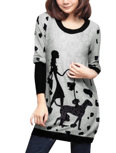 Allegra K Women's Long Sleeve Round Neck Dog Pattern Tunic Shirt