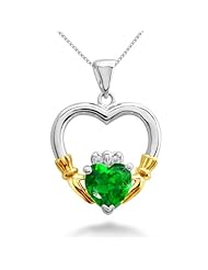 Simulated Emerald Gold Plated Sterling Silver Claddagh Necklace