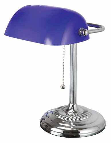 Normande Lighting 60W Incandescent Bankers Lamp.13.5 High with a Chrome Finish and Blue Glass Shade