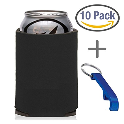 BevWorx 10 Count Black Koozie Party Pack w/FREE Bottle Opener! Premium 4mm Thick 12 oz. Can Coolers Perfect for Custom and DIY Projects! (Black, 10 Pack for 12 oz. Cans)