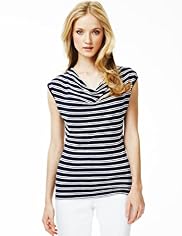 Autograph Cowl Neck Double Striped Drape Top with Linen