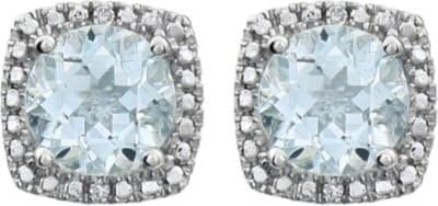 Jewelplus Halo-Style Diamond and Aquamarine Button Earrings Sterling Silver Pair