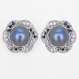 Ladies Black Pearl and Diamond Earrings in 14k Gold