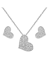 .925 Sterling Silver CZ Love Heart Earrings and Matching Pendant-Necklace Set with 0.9mm Cable Rolo Chain - 16"+2" Inches Extension