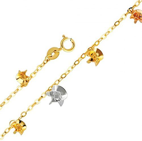 14K Tri Color Gold Italian Fancy Flowers Charm 1.5mm Rolo Necklace 18 In