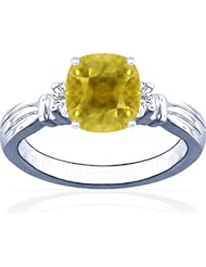 14K White Gold Cushion Cut Yellow Sapphire Three Stone Ring