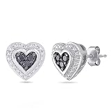 Sterling Silver Black and White Diamond Heart Earrings (1/10 cttw)