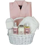 Luxury Pampering Spa and Bath Gift Basket with Waffle Weave Robe, Lychee Rose and Pink