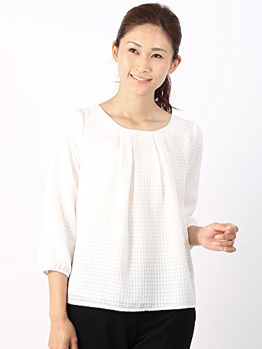 (ザ・スーツカンパニー) ハンドウォッシュ/Littlechic/シアチェック ラウンドネックタック7分袖ブラウス ホワイト