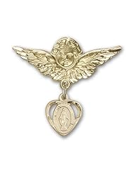 14K Gold Baby Badge with Miraculous Charm and Angel with Wings Badge Pin