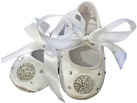 White Satin Rhinestone Infant Baby Girl Christening Baptism Shoes Wedding Party Flower Girl Shoes (Flower White, 0-6 months)