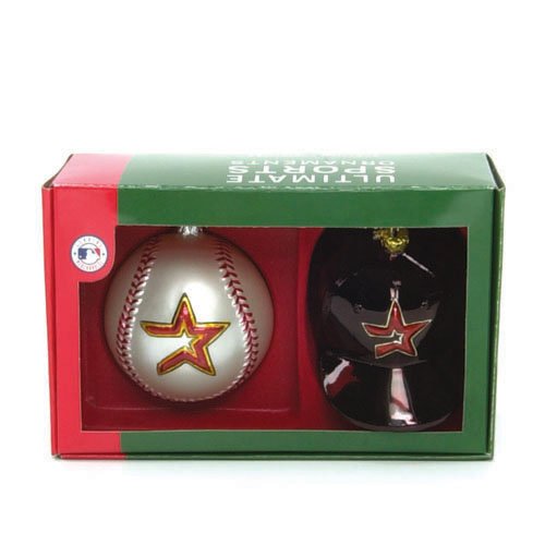 Set of 2 MLB Houston Astros Ball and Helmet Glass Christmas Ornaments