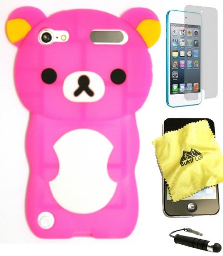 Bukit Cell 3D Cartoon Hot Pink Bear Silicone Case for Ipod Touch 6th / 5th Protector + Metallic Touch Pen