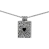 Sterling Silver Rectangular Bead + Twine with Onyx Heart Pendant on18in Rope Chain Necklace
