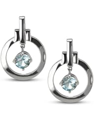CleverEve Designer Series Long Drop Bail Circular Sterling Silver Earrings w/ 6mm Round Cut Genuine Blue Topaz Center Stones