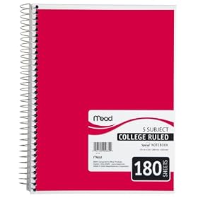 Mead Spiral Notebook, 5-Subject, 180-Count, College Ruled, Red (72243)