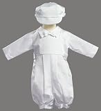White Poly Slub Christening Baptism Short Romper Set with Hat