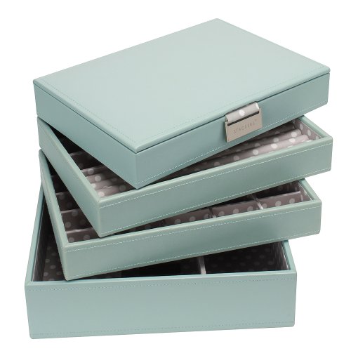 Stackers Jewelry Box Storage System - Pale Blue with Grey Polka Dot Color Soft Lined Interior - 4 Tray Set By LC Designs of London
