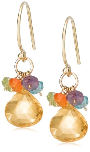 14k Yellow Gold Citrine Briolette Drop and Multi-Gemstone Beaded Earrings