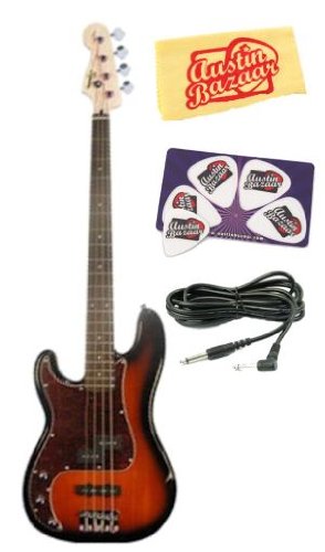 419uWQme17L Squier by Fender P Bass Special Bundle with 10 Foot Instrument Cable, Pick Card, and Polishing Cloth   Antique Burst, Left Handed, Rosewood Fretboard