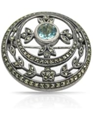 925 Sterling Silver Marcasite & Blue Topaz Floral Brooch