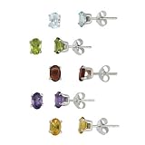 Sterling Silver Oval Amethyst, Citrine, Peridot, Garnet, and Blue Topaz Stud Earring Set