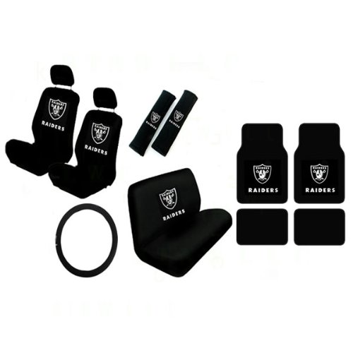 15 Piece NFL Auto Interior Gift Set - Oakland Raiders - A Set of 2 Seat Covers, 1 Rear Bench Cover, 1 Steering Wheel, A Set of 2 Seat Belt Pads, and A Set of 4 Plush Carpet Floor Mats